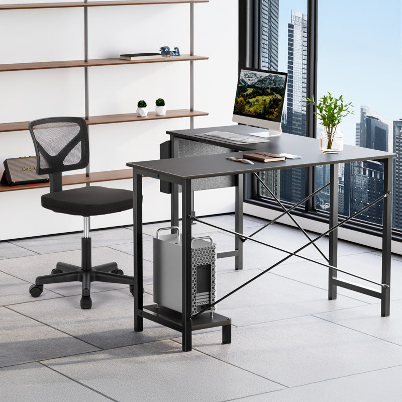 Desk and Chair Set: 49 Inch L-Shaped Computer Desk and Height Adjustable Mesh Chair, Black