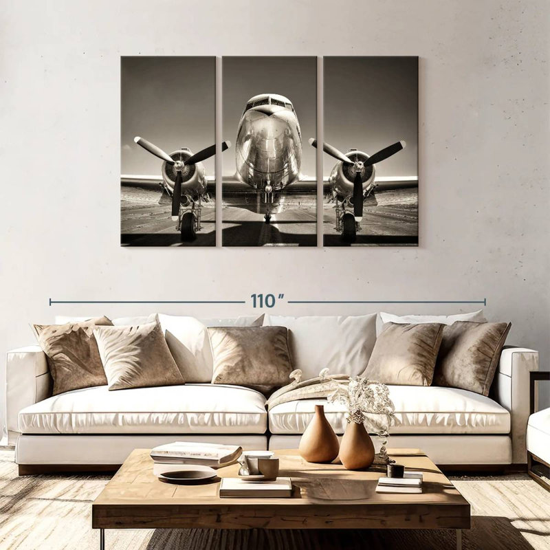 Avion noir et blanc rétro - impression sur toile tendue 3 pièces, H 48 po x l 74 po x P 1,25 po