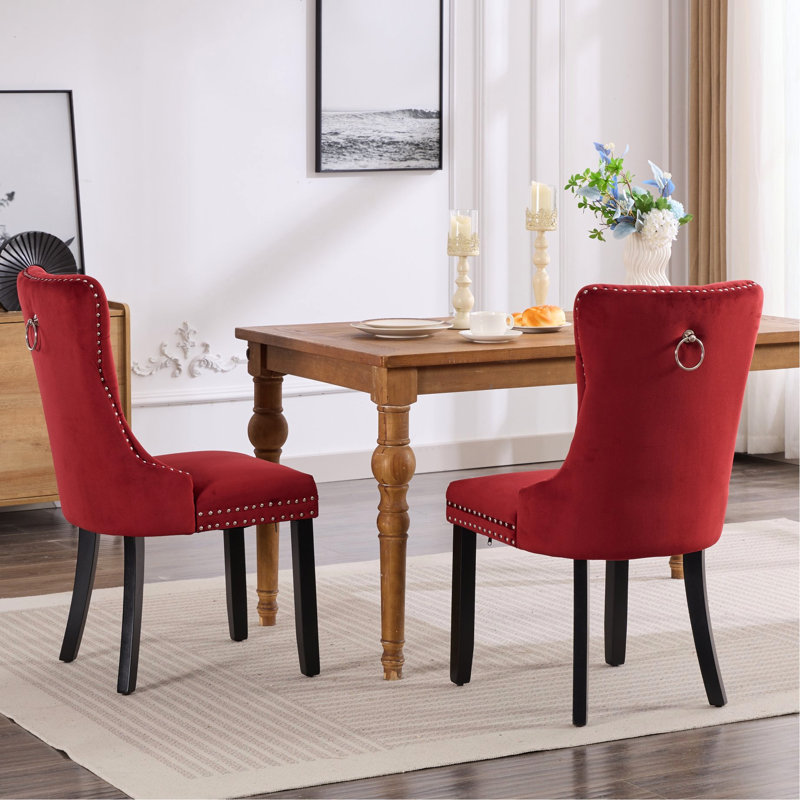 2 pièces de chaises de salle à manger rembourrées en velours, bourgogne. Style élégant, coussin éponge à rebond élevé, base en bois massif Classic 2, siège confortable, pieds