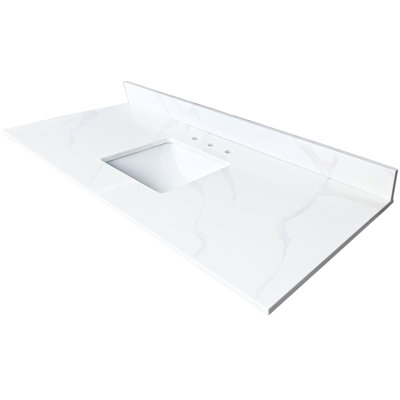 Dessus de meuble-lavabo en quartz 61 po avec lavabo simple encastré au centre, 4 dosserets hauts, 3 trous de robinet, blanc, chauffant, comptoir blanc idéal pour la décoration, salles de bain principales pré-percées