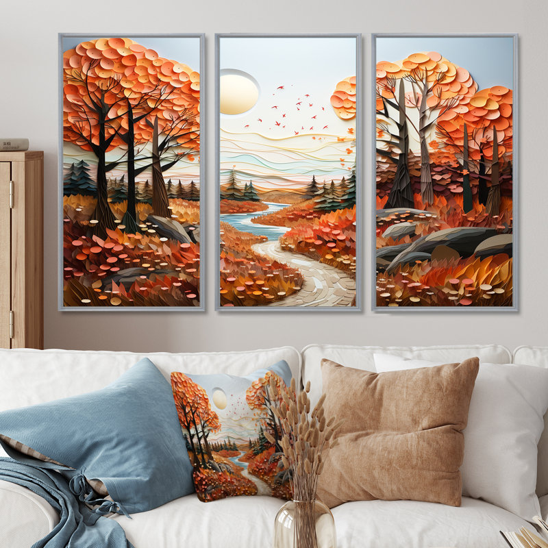 Rustic Autumn Country Road - ensemble de reproductions d'art mural paysage abstrait, Encadrement argenté