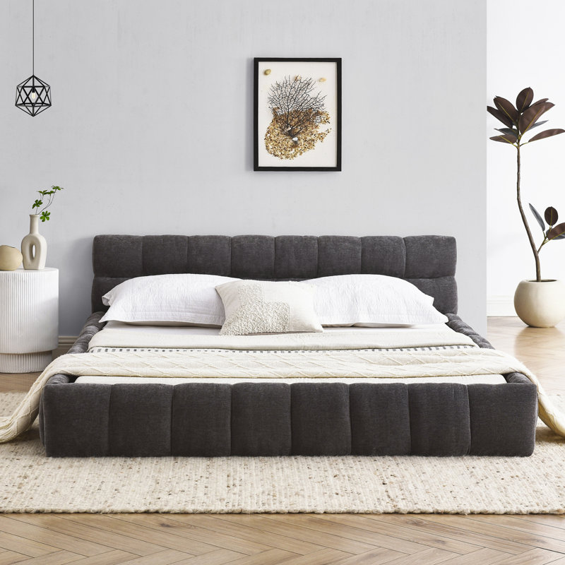 Structure de lit tapissier avec tissu épais, lit plateforme en chenille avec tête de lit et structure solide. Aucun sommier tapissier requis