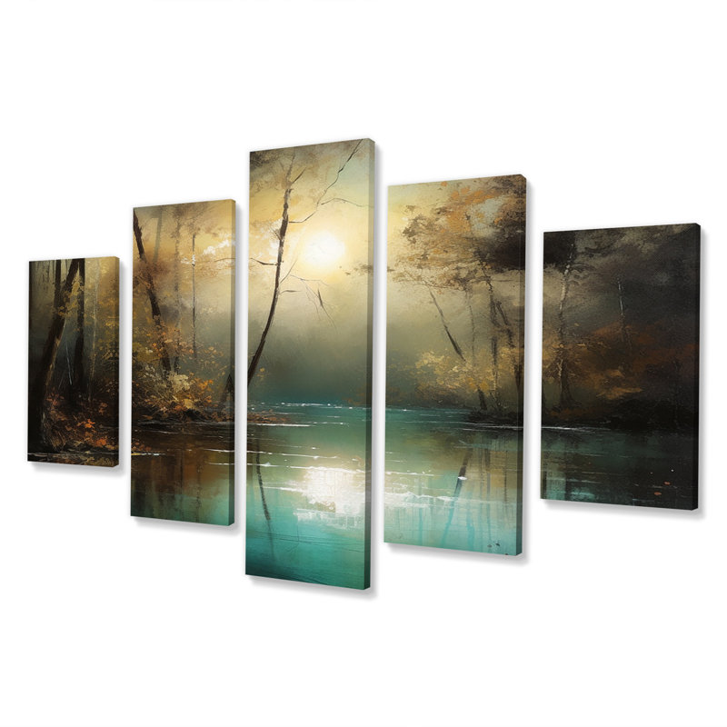 Mystérieux coucher de soleil brumeux sur le lac Teal I - salon d'art mural Lakehouse - 5 panneaux