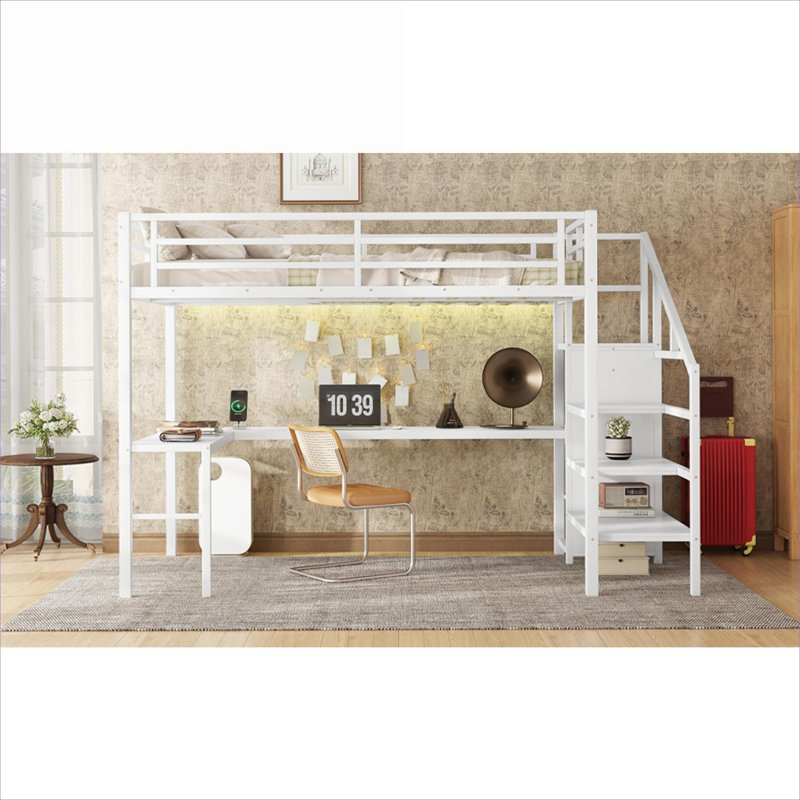 Structure de lit mezzanine en métal pleine grandeur, blanc pur, avec garde-robe de bureau en forme de L et DEL, idéale pour les petits espaces de chambre à coucher pour adolescents