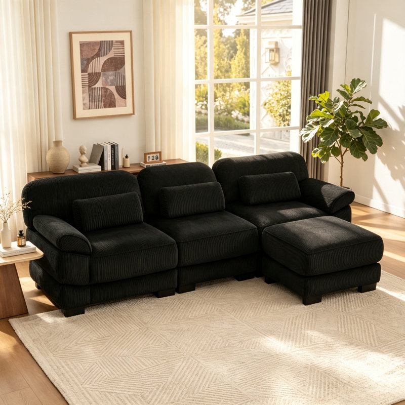 Canapé modulaire en L 104 po en velours côtelé noir avec repose-pieds et coussins épais, sans assemblage, Noir, Noir