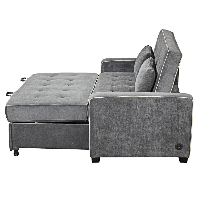 Upholstered Pull Out Sofa Bed With Throw Pillows, USB Charging Port And Adjustable Backrest, Charcoal Gray