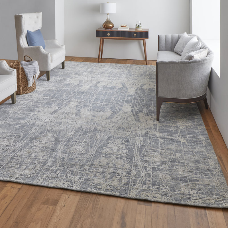 Tapis gris abstrait en viscose tissé à la main, Rectangle 9 pi x 12 pi