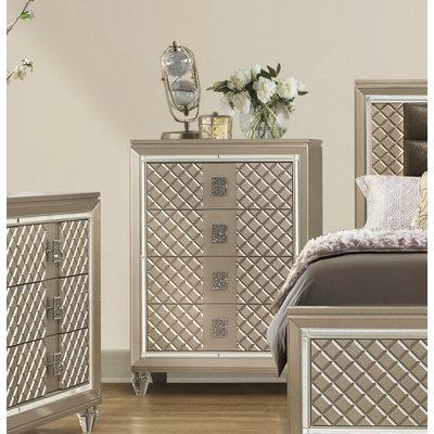 Finition champagne glamour, commode 1 pièce, 4 tiroirs, pieds en acrylique, garniture de miroir de luxe