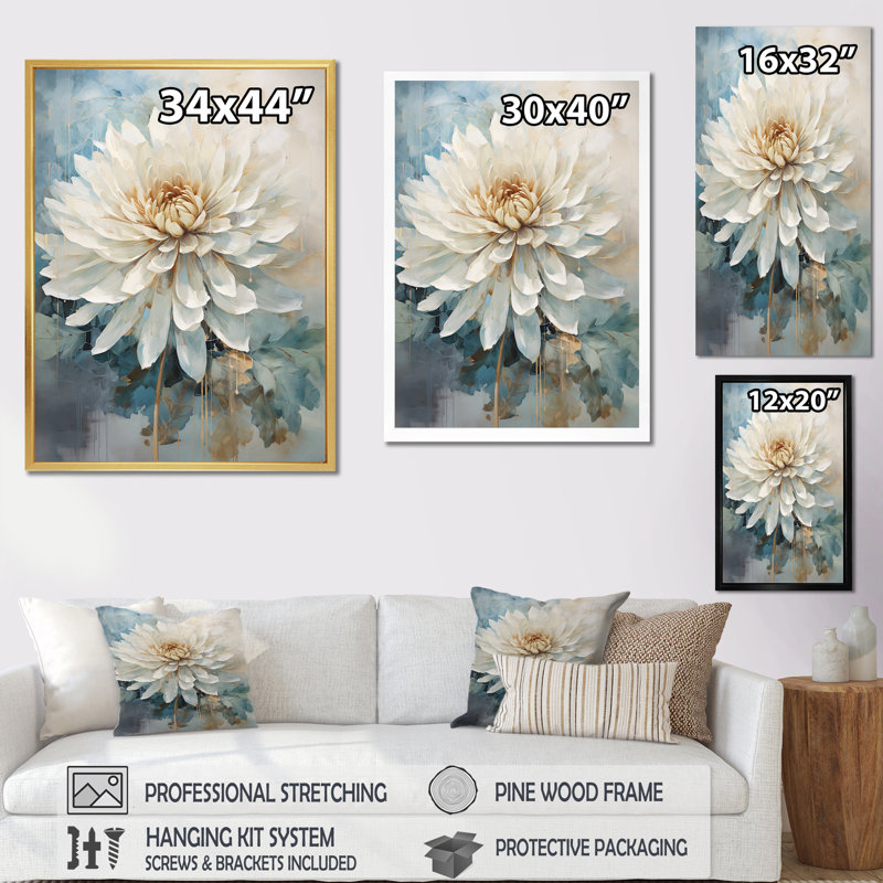 Simple dahlia beige et bleu III - imprimé, Cadre naturel flottant, H 20 po x l 12 po x P 1 po