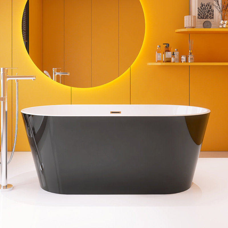59" Freestanding Soaking Acrylic Bathtub With Chrome Toe-Tap Drain, Glossy Black