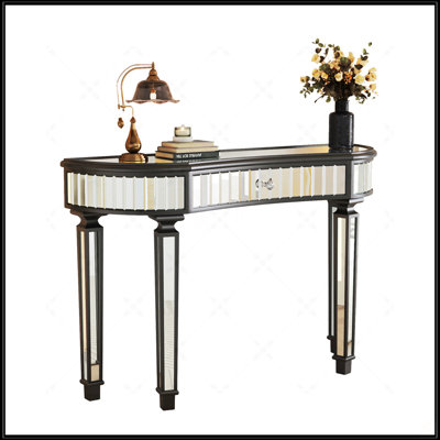 47 Inch Half-Moon Mirrored Console Table With Fluted Glass And Crystal Knob, Perfect For Entryway And Bedroom