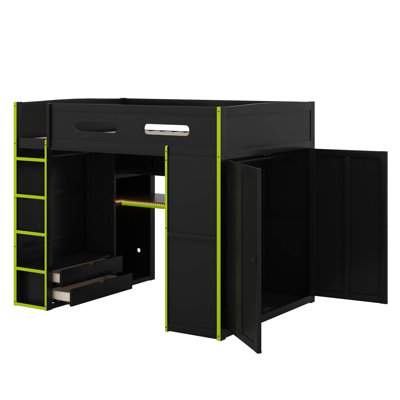 Full Size Wood Loft Bed With Desk,Wardrobe,Ample Storage Space And RGB LED Light