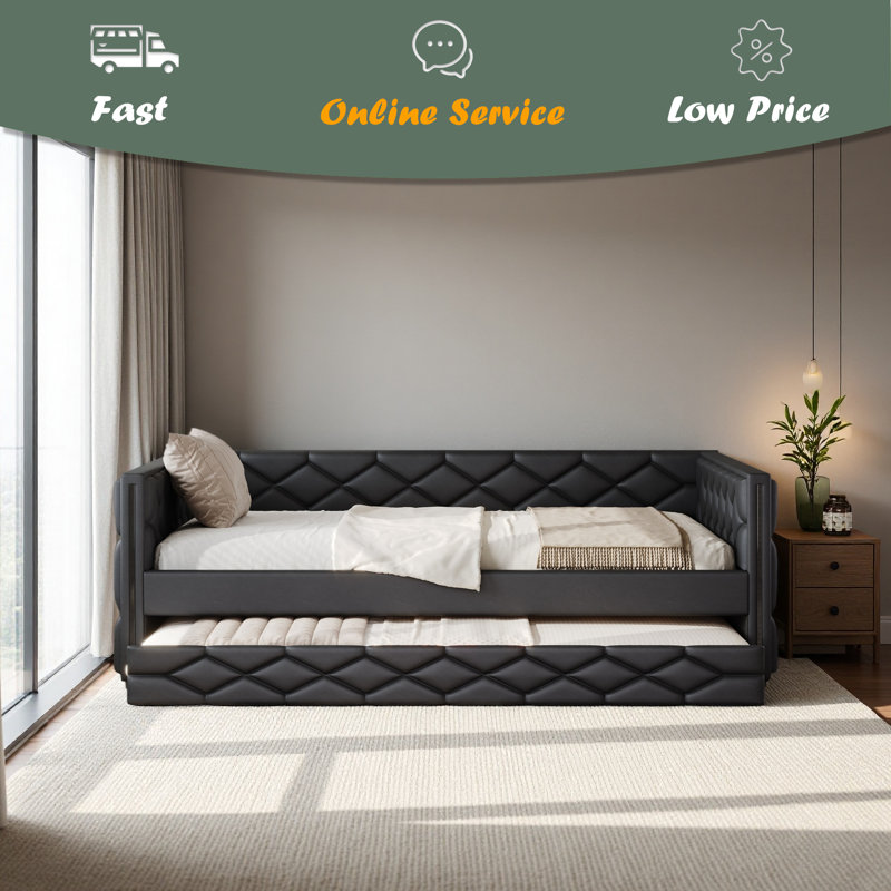 Full XL Size Upholstered Daybed With Trundle And LED, Black