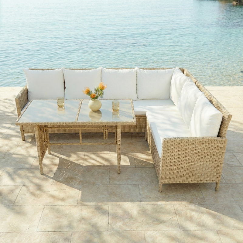 Alia Outdoor Rattan Corner Sofa And Table Set , Natural, Beige