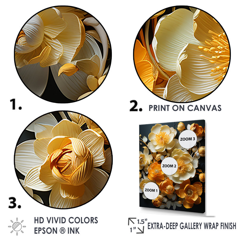 Bouton d'or avec leur caractéristique incurvée sur toile, H 20 po x l 12 po x P 1 po, Toile tendue
