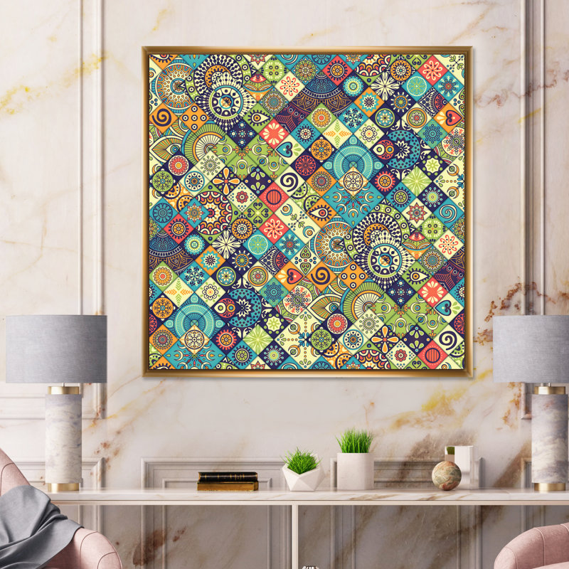 «Ethnic Floral Geometrics», impression sur toile, H 31 po x l 31 po x P 1 po, Cadre doré