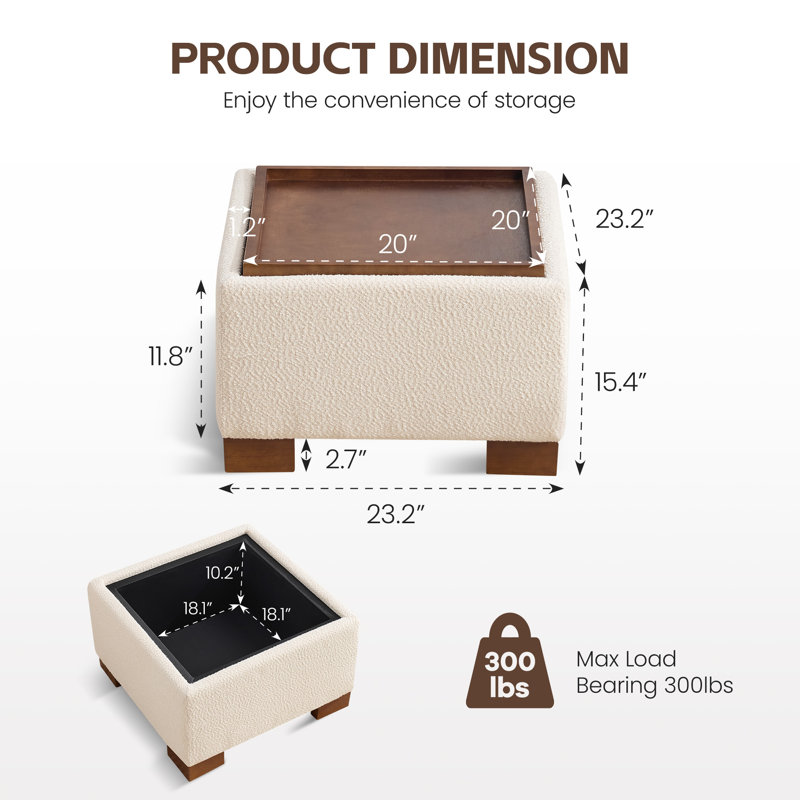 23.2" W Upholstered Square Storage Ottoman with Wooden Tray, 15.4" H x 23.2" W x 23.2" D, Beige Boucle
