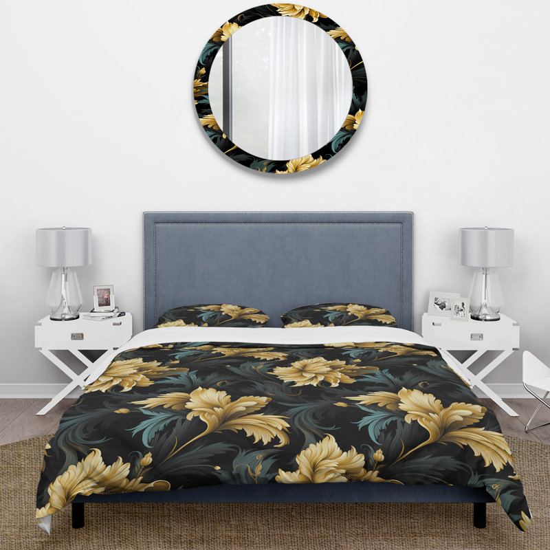 Ensemble de housse de couette à motif de fleurs élégantes en ébène et beige, Housse de couette pour très grand lit et 2 très
