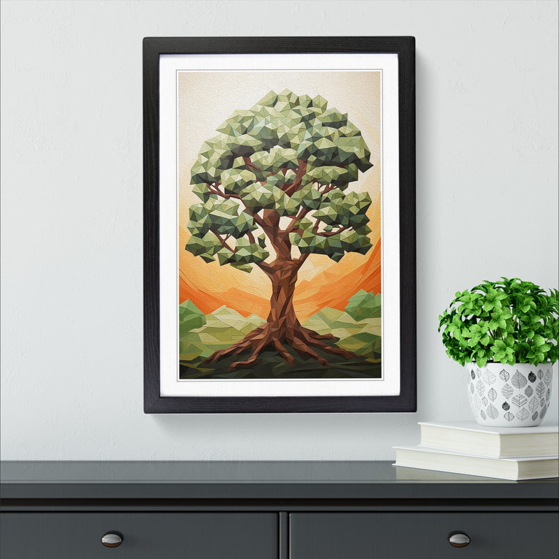 Oak Tree Geometric No.3 - Single Picture Frame Print on Wood, Black, 34cm H x 25cm W x 2cm D