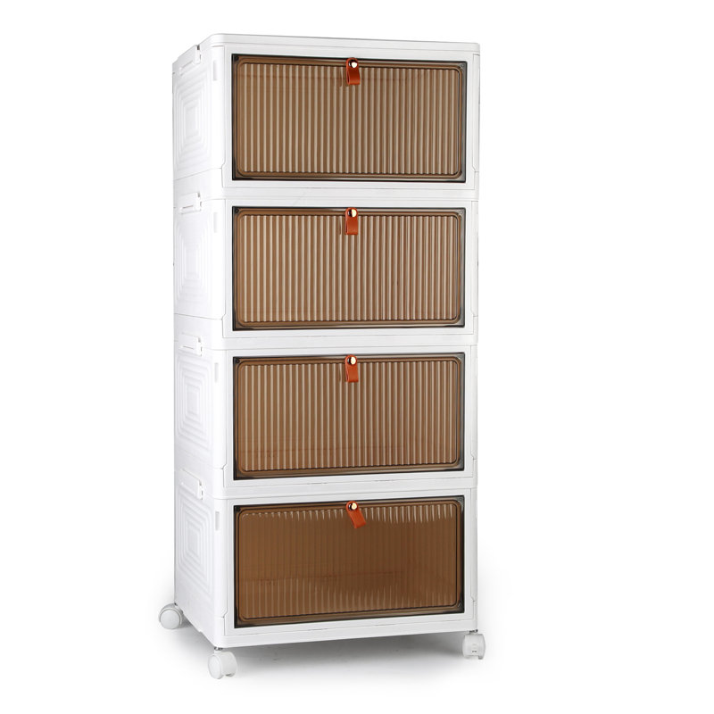 4-Tier Foldable Storage Bins with Lid Front Magnetic Door Collapsible Stackable Closet Organizer Containers with 4Pcs 360° Rotatable Wheels
