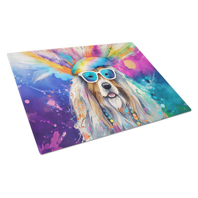 Bearded Collie Hippie Dawg Glass Cutting Board Large