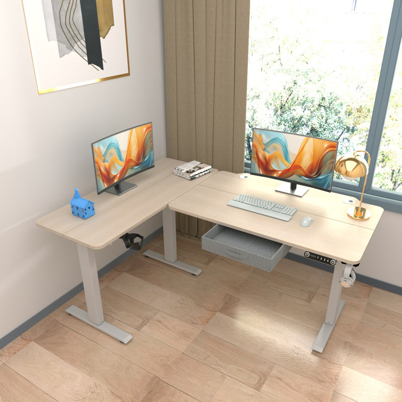 Becali 63'' L-Shaped Height Adjustable Standing Desk With A Drawer, Beige