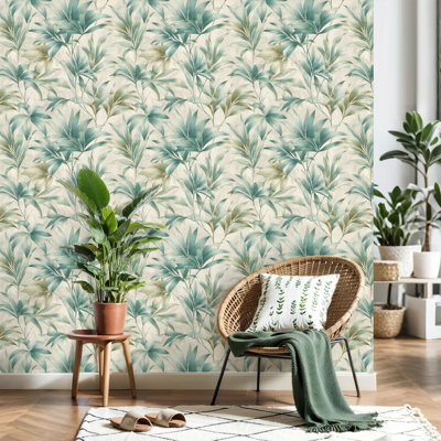 Peel and Stick Wallpaper Tropical Palm Leaf Soft Green Teal Tones Neutral Contact Paper Removable Self Adhesive Wall Mural Wall Decor for Bedroom Kitchen Cabinets 17.7in x 118in