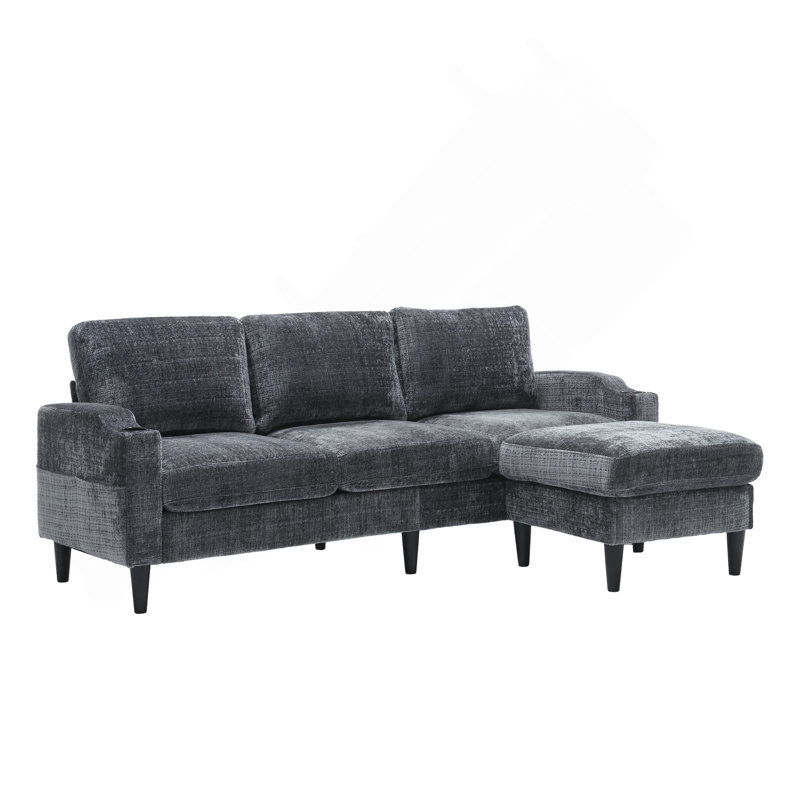 Sofa For Three, Solid Wood Frame, Chenille Fabric, Side Pocket, With Two Cup Holders, Footstool With Storagestorage Sofa /Living Room Sofa Cozy Sectional  Sofa