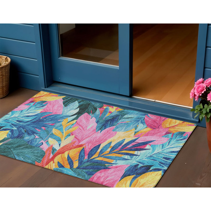 3' X 5' Sky Blue And Pink Floral Washable Indoor Outdoor Area Rug