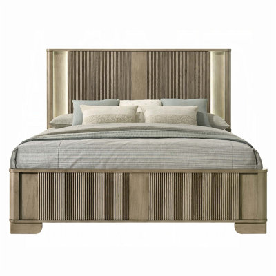 Transitional Style Solid Wood Bed With LED Headboard And Antique Oak Finish For Rustic Bedrooms