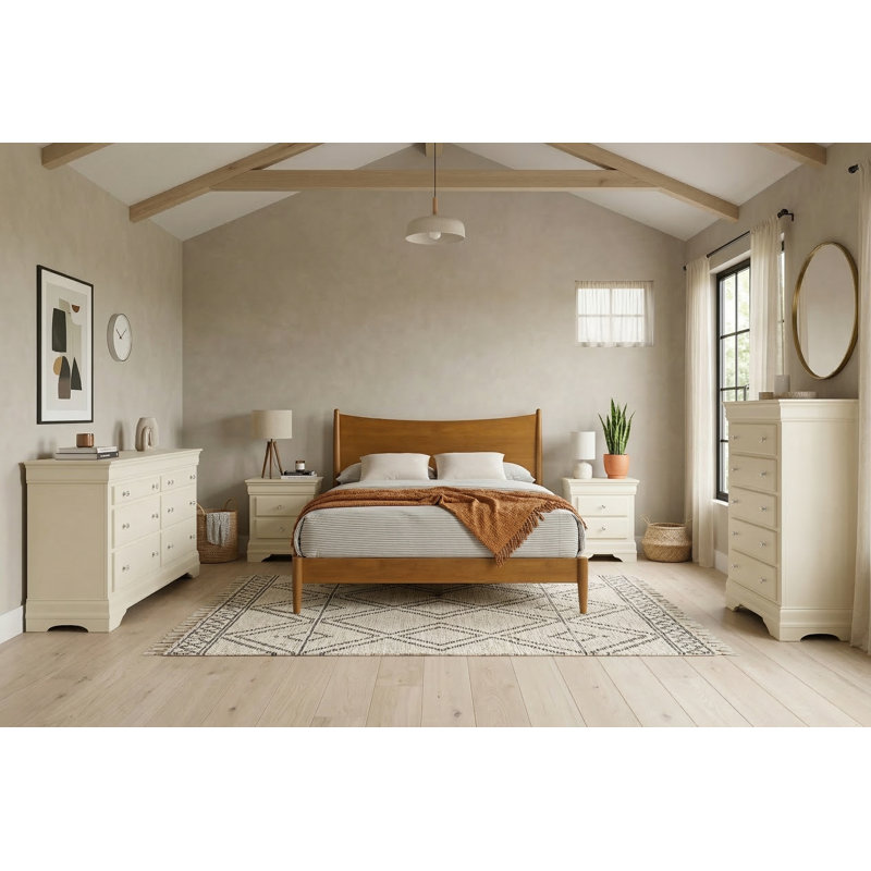 Barvelle Solid Wood 5 Piece Bedroom Set, Orange/Ivory, 5 Pcs: Bed, 2 Dressers, 2 Nightstands