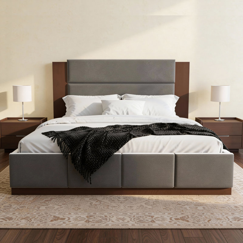 Structure de lit tapissier avec tête de lit allongée en bois, Gris, Grand lit