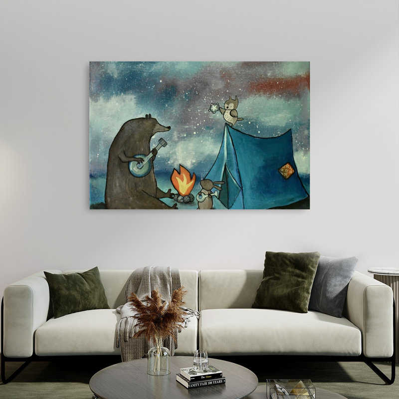 Starry Campfire Serenade Abstract Contemporary Bear Bird Owl Animal Forest Wall Art Print by Andrea Doss - Wrapped Canvas Print