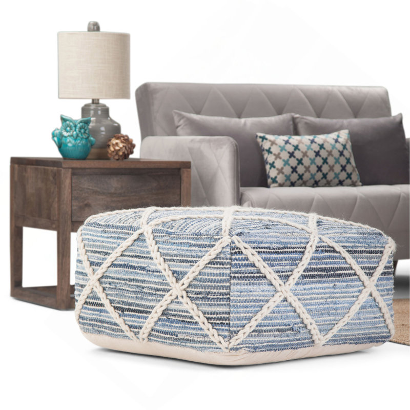 Pouf carré de 20 pouces de largeur en laine et coton tissés à la main bleu et naturel