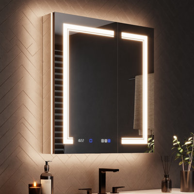 Pharmacie à DEL encastrée ou sans cadre avec miroir et USB, prise, miroir grossissant, désembueur, tablettes réglables