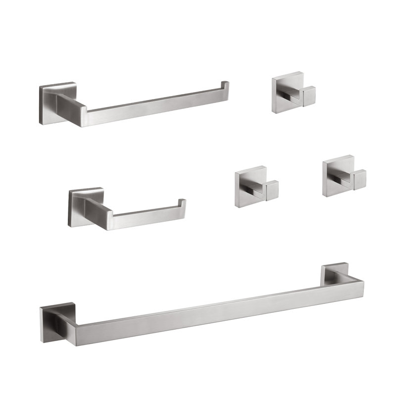 Ensemble d'accessoires de salle de bain 6 pièces en acier inoxydable nickel brossé avec barre porte-serviettes, porte-papier hygiénique, anneau porte-serviettes et crochets.