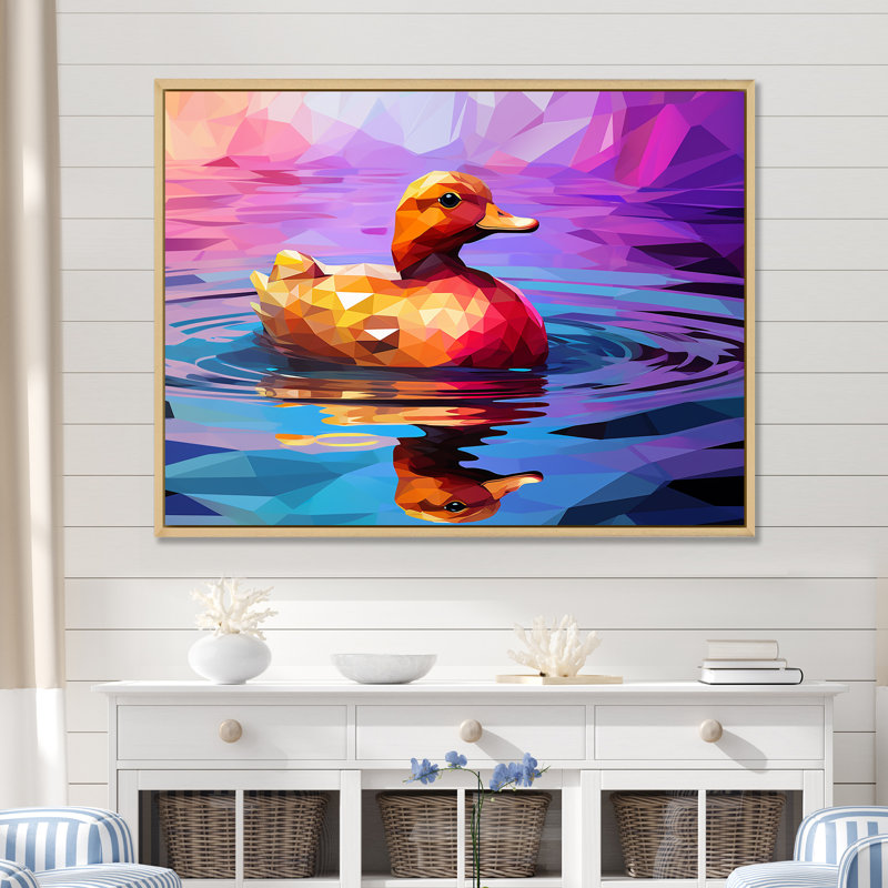Canard jaune sur un lac mauve - art mural canard, Cadre flottant brun, H 34 po x l 44 po x P 1,5 po