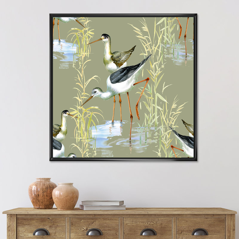 Herons, oiseaux dans l'eau - peinture sur toile, H 36 po x l 36 po x P 1,5 po, Cadre noir