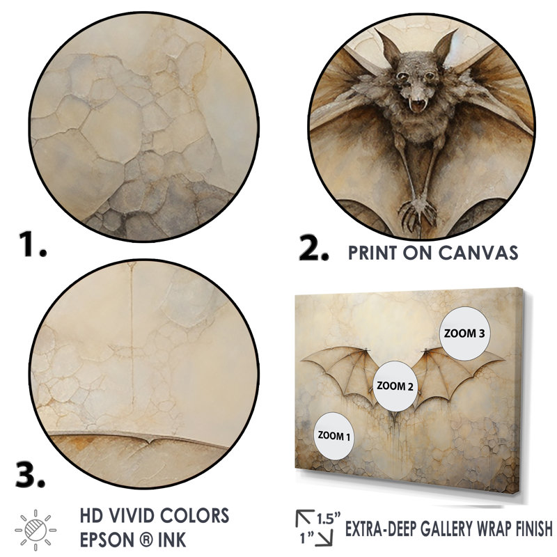 Minimalisme chauve-souris avec ailes ouvertes sur toile, Cadre naturel flottant, H 24 po x l 32 po x P 1 po