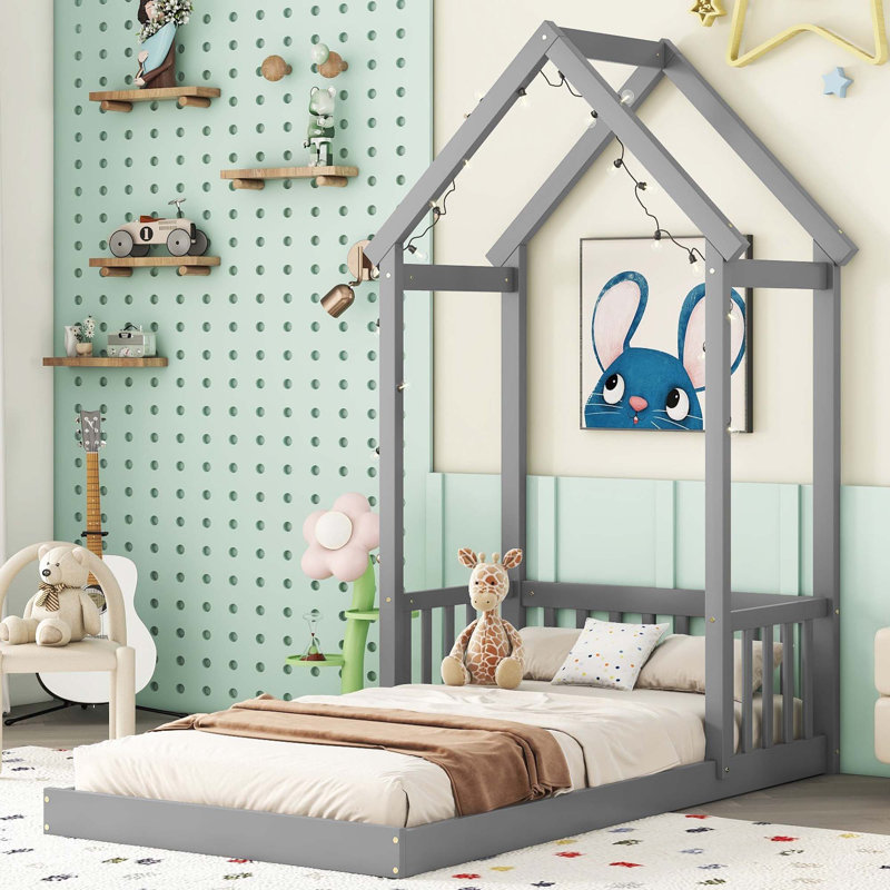 Lit de tête de lit en forme de maison, Gris