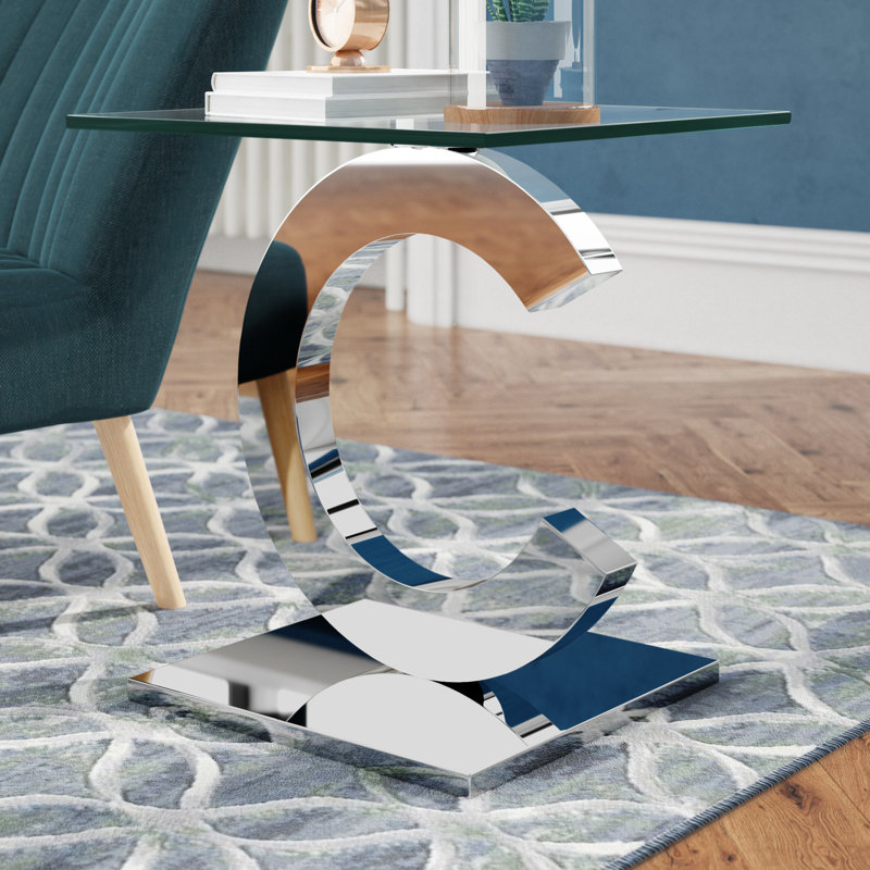 Elvia Glass Top Abstract End Table, Silver