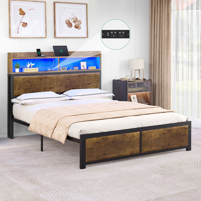 Bed Frame,LED With Headboard,USB Ports & Charging Outlets,Metal Platform Bed Frame With 2 Tiers Storage Shelves, No Box Spring Needed