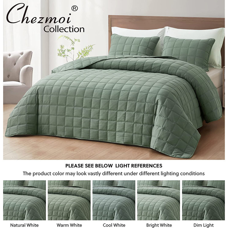 Square Stitch Embroidered Microfiber Quilt Set, Queen Quilt + 2 Standard Shams, Sage