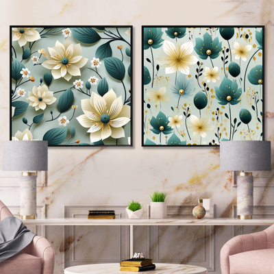 Bleu sarcelle et ivoire, motif floral côtier - ensemble de 2 collages floraux carrés