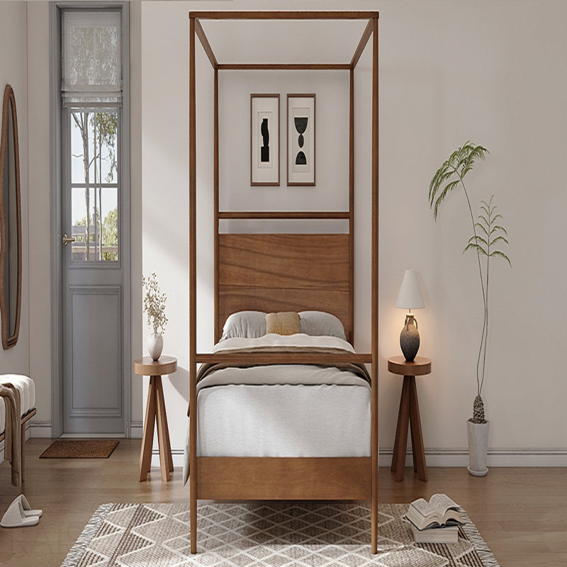 Solid Wood Canopy Bed Frame Four Posters Bed No Box Spring Needed,Full Size,Walnut