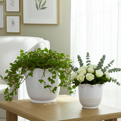 Planter Pots Stoneware And Ceramic Scalloped Edge Indoor Outdoor Home Garden Use Set Of 2 - 10", 7" Ivory