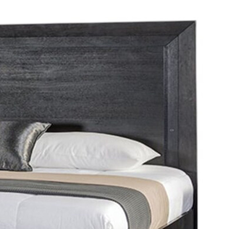 Ashen Queen Bed, LED Headboard, Chrome Metal Legs, Rustic Black Wood, Queen