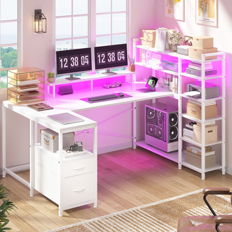 63" Reversible U-Shaped Computer Gaming Desk With Power Outlet & LED Lights, 6-Tier Storage Shelves & 2 Fabric Drawers