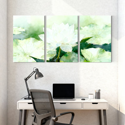 Ensemble de 3 tableaux muraux sur toile tendue, motif fleur de lotus à l'aquarelle
