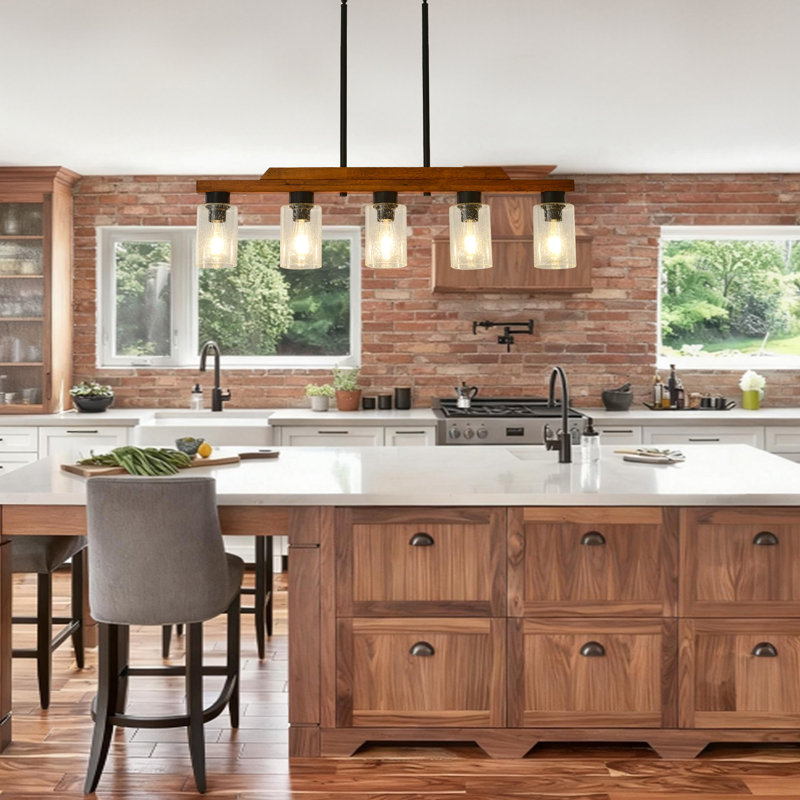 5 Lights Rustic Wood Linear Pendant Light, Adjustable Farmhouse Chandelier With Seeded Glass Shades For Kitchen Island And Dining Room